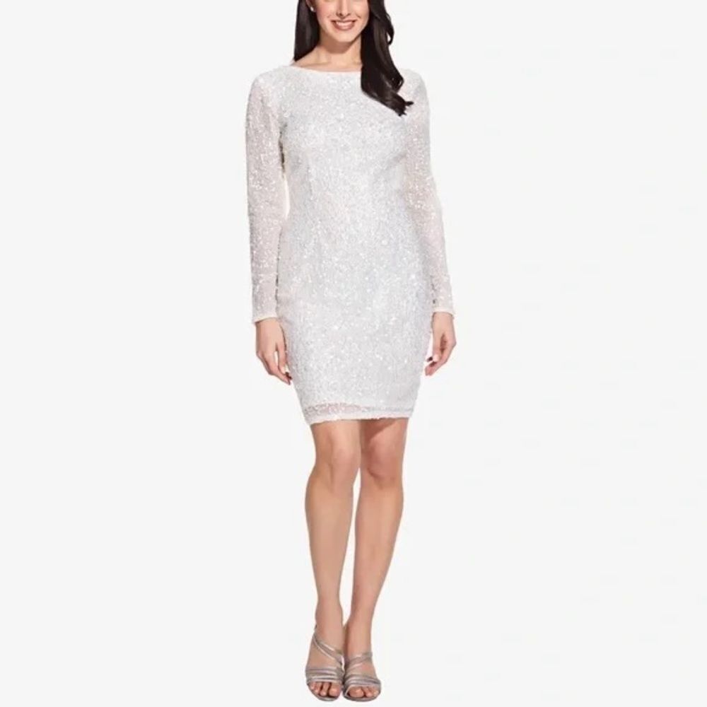 NWT Adrianna Papell  Beaded Cocktail Dress Size 6 Ivory Sequins Long Sleeve
